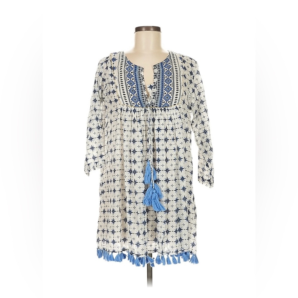 Ro's Garden Bohemian Blue and White Mini Dress size Medium Tassles Boho Hippie